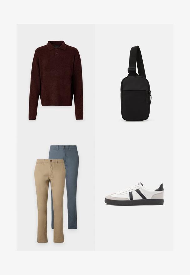 Brown knitted pullover with a polo collar, three buttons at the neck, and long sleeves. Soft texture, ribbed cuffs, and hem.; Two pairs of straight-leg trousers: one in khaki and one in dark blue. Made of cotton; features a waistband and button closure.; White sneaker with black and gray accents, featuring a textured gray toe cap, black rubber sole, and flat white laces. Clean design, minimalist style.; Black crossbody bag made of durable fabric, featuring a single adjustable strap, a zippered main compartment, and a front pocket.