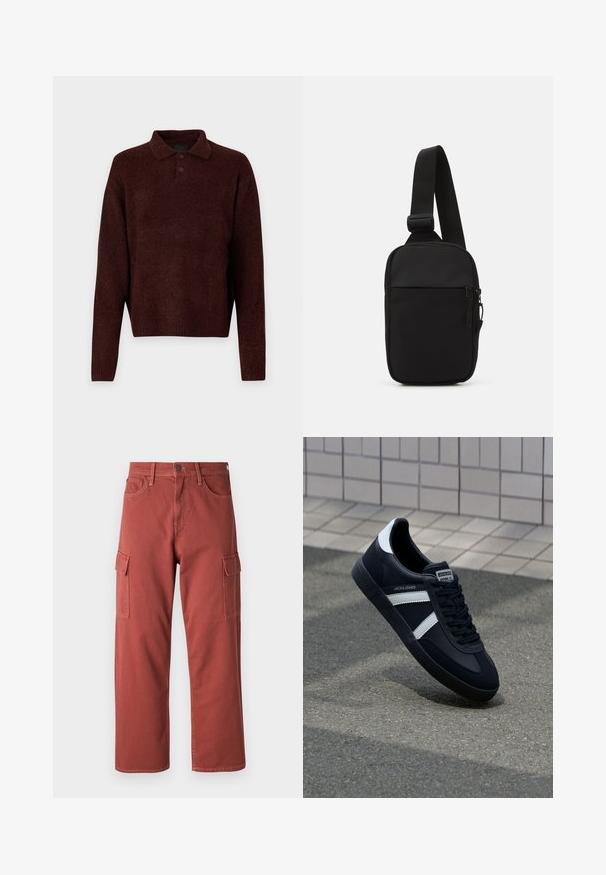Brun strikket genser med polo krage, tre knapper ved halsen og lange ermer. Myk tekstur, ribbede mansjetter og kant.; Cargo bukser i en rødbrun farve, lavet af solidt stof, med sidelommer, lige ben og synlige syninger.; Sorte lærersneaker med hvite striper, teksturert gummihæl og snøring foran. Har et merketikett på tungen.; Svart skulderveske laget av slitesterkt stoff, med en justerbar stropp, en glidelåslukking på hovedrommet og en frontlomme.