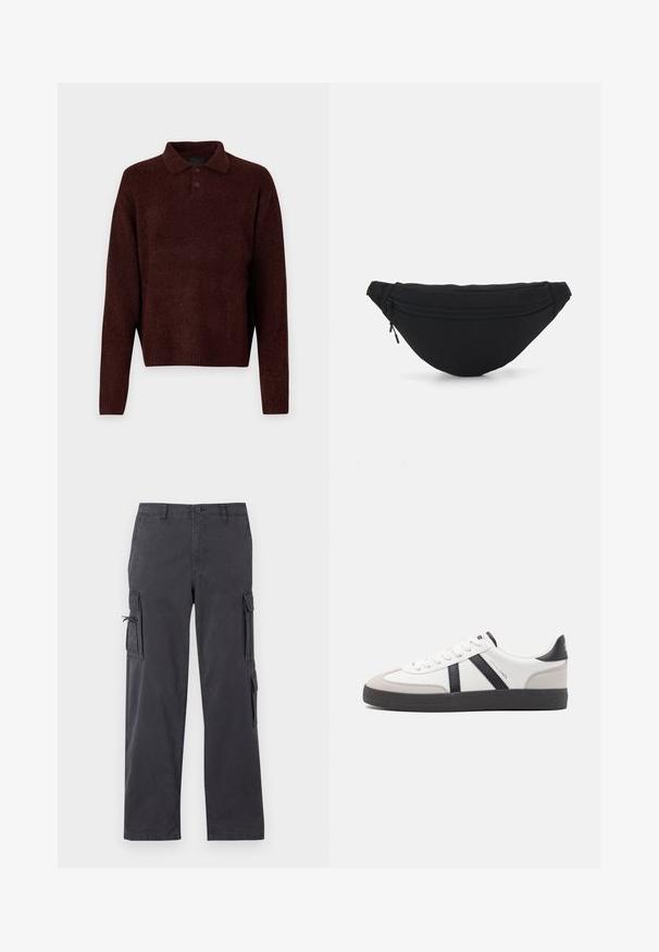 Bruin gebreid pullover met een polo kraag, drie knopen bij de hals en lange mouwen. Zachte textuur, geribde manchetten en zoom.; Donkergrijze cargobroek met een recht model, gemaakt van duurzame katoenmix, voorzien van zijzakken en verstelbare koordjes.; Witte sneaker met zwarte en grijze accenten, voorzien van een grijze neus met textuur, zwarte rubberen zool en platte witte veters. Schoon ontwerp, minimalistische stijl.; Zwarte stof heuptas met een afgeronde vorm, voorzak met rits en een gladde textuur. Geen zichtbare patronen of accenten. Lichtgewicht ontwerp.