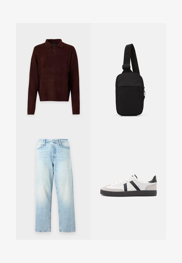 Bruin gebreid pullover met een polo kraag, drie knopen bij de hals en lange mouwen. Zachte textuur, geribde manchetten en zoom.; Lichtblauwe spijkerbroek met een rechte pijpdesign, vervaagde afwerking en zichtbare stiksels. Voorzien van een klassieke knoop- en ritsafsluiting.; Witte sneaker met zwarte en grijze accenten, voorzien van een grijze neus met textuur, zwarte rubberen zool en platte witte veters. Schoon ontwerp, minimalistische stijl.; Zwarte schoudertas gemaakt van duurzaam stof, met een enkele verstelbare schouderband, een gepartitioneerd hoofdcompartiment met rits en een voorvak.