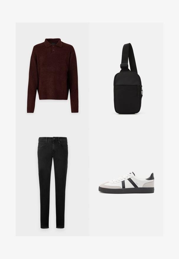 Brūns adīts džemperis ar polo apkakli, trīs pogām pie kakla un garām piedurknēm. Mīksta tekstūra, ribota apakšmala un piedurkņu gali.; Melni denim džinsi, šaurs fit, piecu kabatu dizains, redzama šuvju apdare, priekšējais pogu aizvēršanās un minimālisma zīmola detaļa aizmugurējā kabatā.; Baltas sneakeris ar melniem un pelēkiem akcentiem, kuram ir teksturēts pelēks purngals, melna gumijas zole un plakanas baltas šņores. Tīrs dizains, minimālisma stils.; Melnā krusta soma, kas izgatavota no izturīga auduma, ar vienu regulējamu siksnu, ar rāvējslēdzēju galveno nodalījumu un priekšējo kabatu.