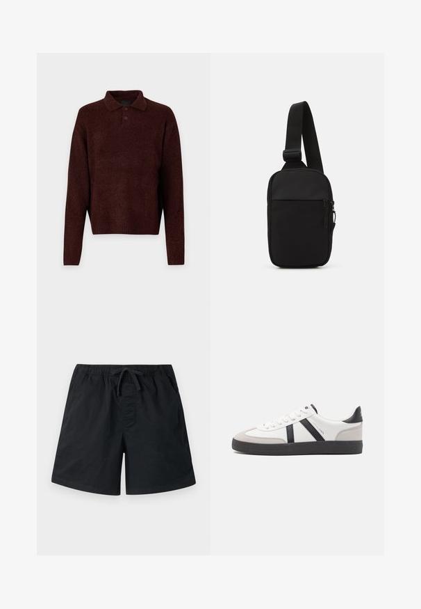 Bruin gebreid pullover met een polo kraag, drie knopen bij de hals en lange mouwen. Zachte textuur, geribde manchetten en zoom.; Zwarte zwembroek met een elastische tailleband en trekkingkoord. Bevat zijzakken en een gladde, lichtgewicht stof. Normale pasvorm.; Witte sneaker met zwarte en grijze accenten, voorzien van een grijze neus met textuur, zwarte rubberen zool en platte witte veters. Schoon ontwerp, minimalistische stijl.; Zwarte schoudertas gemaakt van duurzaam stof, met een enkele verstelbare schouderband, een gepartitioneerd hoofdcompartiment met rits en een voorvak.