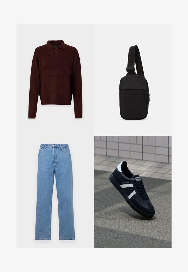 Brązowy sweter robiony na drutach z kołnierzykiem polo, trzema guzikami przy szyi i długimi rękawami. Miękka faktura, ściągacze na rękawach i u dołu.; Jasnoniebieskie dżinsy o prostym kroju z klasycznym pięciopocketowym wykończeniem, z zapięciem na guzik z przodu i szlufkami na pasek. Gładka tekstura.; Czarne skórzane sneakersy z białymi paskami, teksturowana gumowa podeszwa i sznurowane z przodu. Posiadają metkę marki na języku.; Czarna torba na ramię wykonana z wytrzymałego materiału, z jedną regulowaną rączką, zasuwaną główną komorą oraz kieszenią z przodu.