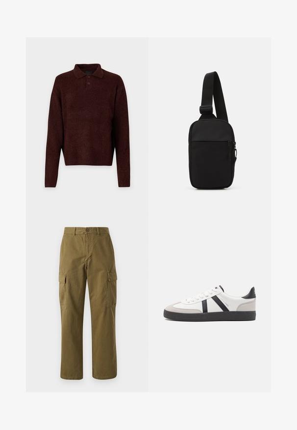 Brown knitted pullover with a polo collar, three buttons at the neck, and long sleeves. Soft texture, ribbed cuffs, and hem.; Olive green cargo pants made of cotton, featuring a straight leg, front button closure, and two side pockets with flap closures.; White sneaker with black and gray accents, featuring a textured gray toe cap, black rubber sole, and flat white laces. Clean design, minimalist style.; Black crossbody bag made of durable fabric, featuring a single adjustable strap, a zippered main compartment, and a front pocket.