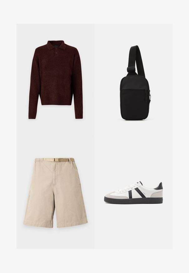 Brauner Strickpullover mit Polo-Kragen, drei Knöpfen am Hals und langen Ärmeln. Weiche Textur, gerippte Bündchen und Saum.; Beige Baumwollshorts mit einem Gürtel, gerade geschnitten, mit Seitentaschen und verstärkten Nähten an den Säumen. Glatte Textur auf der gesamten Oberfläche.; Weiße Sneaker mit schwarz- und grau-aczenten, ausgestattet mit einer strukturierten grauen Zehenkappe, schwarzer Gummi-Sohle und flachen weißen Schnürsenkeln. Sauberes Design, minimalistische Stil.; Schwarze Umhängetasche aus robustem Gewebe, mit einem verstellbaren Tragegurt, einem Reißverschluss-Hauptfach und einer Fronttasche.