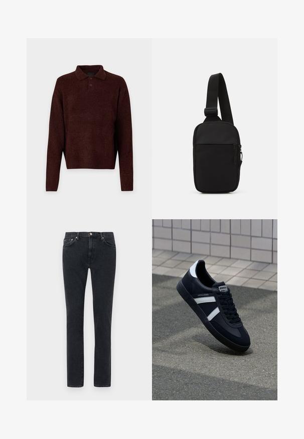 Brūns adīts džemperis ar polo apkakli, trīs pogām pie kakla un garām piedurknēm. Mīksta tekstūra, ribota apakšmala un piedurkņu gali.; Melnas denima bikses ar taisnu kāju dizainu, ar pogu aizdari, jostas cilpiņām un vieglu izbalējušu efektu uz auduma.; Melnā ādas sporta apavi ar baltām svītrām, teksturēta gumijas zole un auklu aizdare. Iekļauj zīmola etiķeti uz mēles.; Melnā krusta soma, kas izgatavota no izturīga auduma, ar vienu regulējamu siksnu, ar rāvējslēdzēju galveno nodalījumu un priekšējo kabatu.