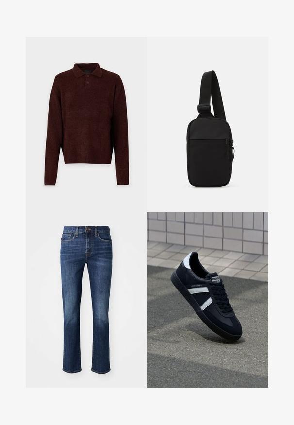 Rjav pleten pulover s polo ovratnikom, tremi gumbi na vratu in dolgimi rokavi. Mehak material, rebrasti manšeti in rob.; Temno modri kavbojke s ravnim krojem. Značilnosti vključujejo zadrgo, sprednje žepe in rahlo bledenje na stegnih. Narejene iz denim materiala.; Črne usnjene superge z belimi črtami, teksturiran gumijast podplat in zavezovanje spredaj. Imajo označeno oznako na ježku.; Črna torba za čez ramo, izdelana iz trpežnega materiala, z enim nastavljivim trakom, z glavnim predalom na zadrgo in sprednjim žepom.