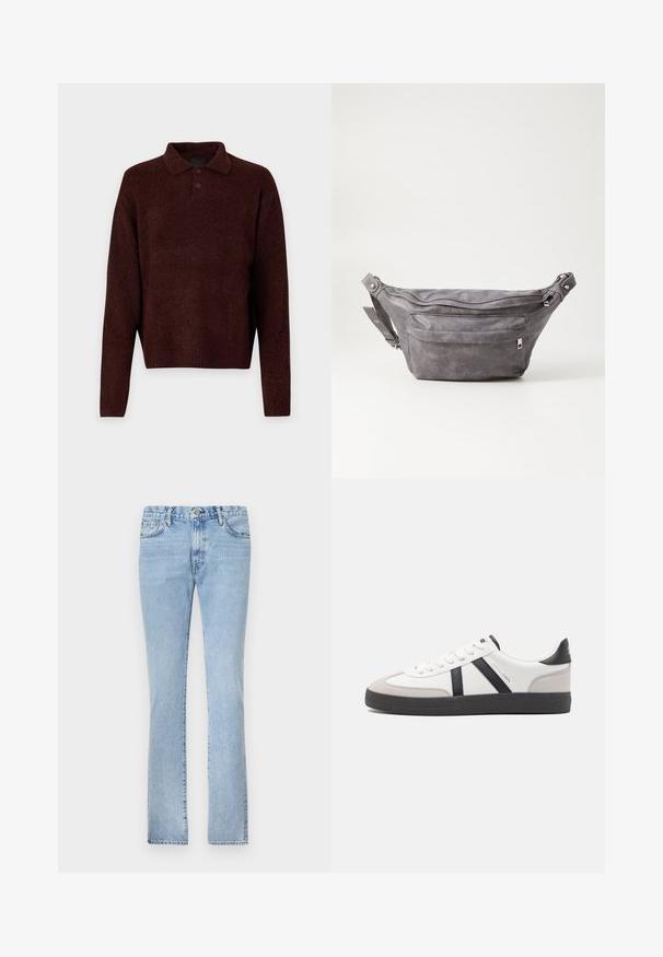 Smeđi pleteni pulover s polo ovratnikom, tri gumba na vratu i dugim rukavima. Meka tekstura, rebrasti manžeti i rub.; Svijetloplave traperice ravnog kroja, s pet džepova i kopčanjem na gumb. Glatka tekstura i ravnomjerno izblijeđivanje.; Bijele tenisice s crnim i sivim detaljima, s teksturiranim sivim zaštitnikom prstiju, crnim gumene potplate i ravnim bijelim vezicama. Čist dizajn, minimalistički stil.; Siva zamšasta torbica preko struka sa zaobljenim oblikom, dva zip zatvorena odjeljka i podesivim remenom. Sadrži metalne naglaske.