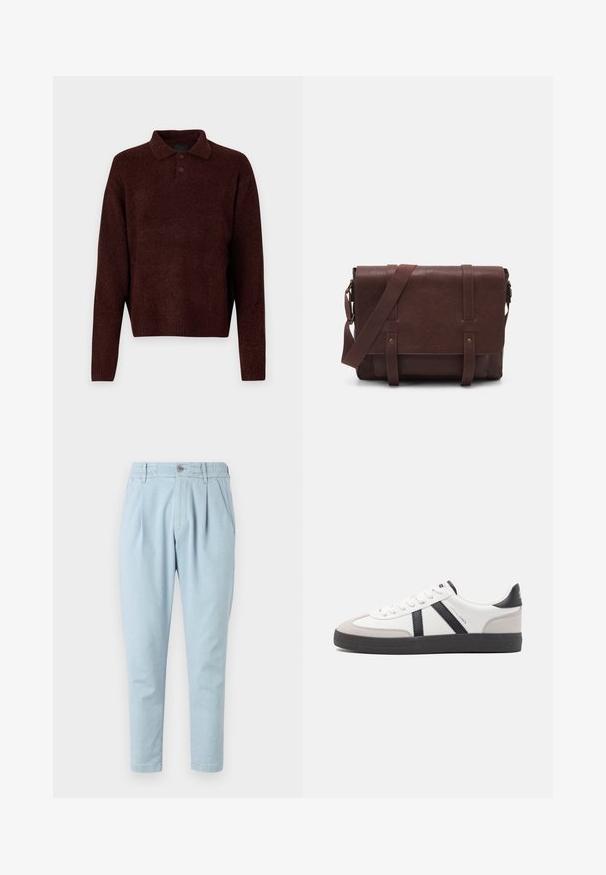 Brun strikket genser med polo krage, tre knapper ved halsen og lange ermer. Myk tekstur, ribbede mansjetter og kant.; Lys blå bukser laget av teksturert stoff, med knappelukking, elastisk midje og to sidelommer. Taperte ben.; Hvite sneakers med svarte og grå detaljer, med en teksturert grå tåhette, svart gummisåle, og flate hvite lisser. Rent design, minimalistisk stil.; Brun lær messenger bag med en flat frontklaff, to stropper, gullfargede detaljer og en justerbar skulderrem.