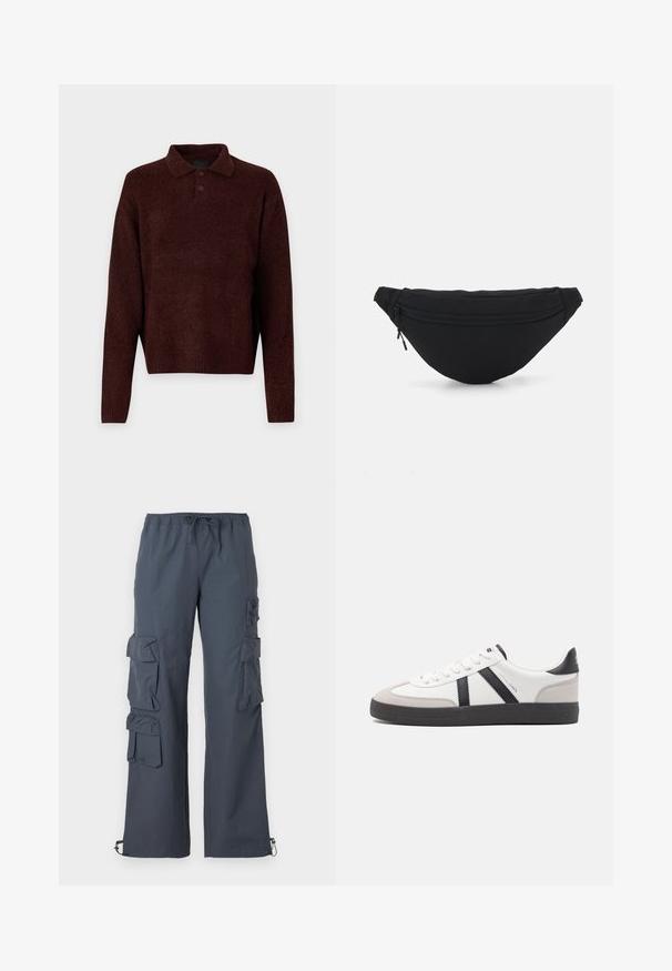 Bruin gebreid pullover met een polo kraag, drie knopen bij de hals en lange mouwen. Zachte textuur, geribde manchetten en zoom.; Donkergrijze cargo broek met een elastische tailleband, meerdere grote zakken aan de zijkanten en verstelbare boorden bij de enkels.; Witte sneaker met zwarte en grijze accenten, voorzien van een grijze neus met textuur, zwarte rubberen zool en platte witte veters. Schoon ontwerp, minimalistische stijl.; Zwarte stof heuptas met een afgeronde vorm, voorzak met rits en een gladde textuur. Geen zichtbare patronen of accenten. Lichtgewicht ontwerp.