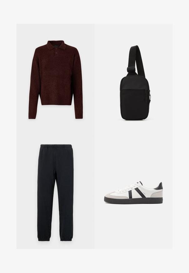 Hnědý pletený pullover s polo límcem, třemi knoflíky na krku a dlouhými rukávy. Měkká textura, žebrované manžety a lem.; Černé tepláky s elastickým pasem a zúženými kotníky; vyrobené z měkké, pružné tkaniny, s minimalistickým designem bez vzorů.; Bílé tenisky s černými a šedými akcenty, opatřené texturovaným šedým prstovým krytem, černou gumovou podrážkou a plochými bílými tkaničkami. Čistý design, minimalistický styl.; Černá crossbody taška vyrobená z odolné tkaniny, s jedním nastavitelným popruhem, zapínacím hlavním oddělením a přední kapsou.
