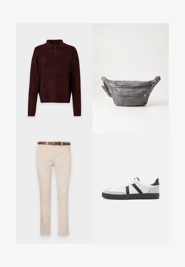 Pruun kudumiga pehme pullover, millel on polo kaelus, kolm nuppu kaela juures ja pikad varrukad. Pehme tekstuur, ribidega mansetid ja äär.; Beezidist lahted, mis on valmistatud puuvillast, tumepruuni nahkvöödiga, standardsete taskutega ja sobiva lõikega sirgete jalgadega.; Valged tossud mustade ja hallide aktsentidega, tekstureeritud halli varbakattega, musta kummitald ja lamedad valged paelad. Puhtad jooned, minimalistlik stiil.; Hallikate nahast vöö kott, millel on ümar kuju, kaks tõmblukuga taskut ning reguleeritav rihm. Varustatud metallist detailide aktsentidega.