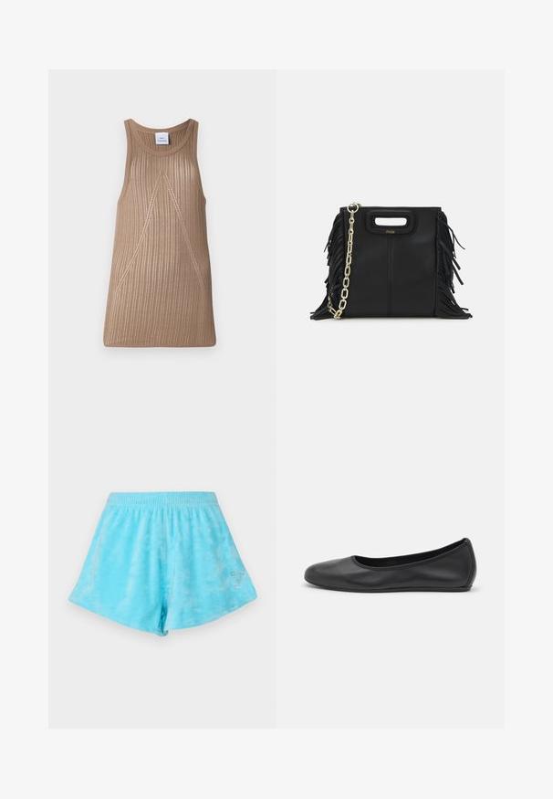 Beige, hihaton neulepaita, jossa on ribbi rakenne, A-linjainen muoto ja hienovaraiset vino ommel yksityiskohdat.; Vaaleansiniset sidetaitoshortsit, joissa on joustava vyötärö ja hopeinen kimalteleva numero seitsemän korostus sivussa. Pehmeä puuvillapinta.; Musta nahkainen ballerina, jossa on pyöristetty kärki, sileä pinta, minimaalinen ommelkoristelu ja joustava pohjamuotoilu.; Musta nahkakäekott, millel on frantsiisidetailid, kuldne õlgade rihm ja lõikega käepide. Ees on logo paigutus.