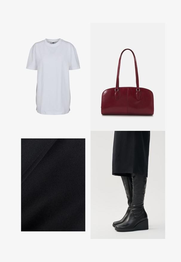 Biała koszulka z krótkim rękawem z bawełny, z okrągłym dekoltem i luźnym krojem, bez widocznych wzorów czy grafik.; Czarna tkanina o gładkiej strukturze, z subtelnymi wariacjami w połysku i lekkim rozciągliwości, idealna do odzieży lub tapicerki.; Czarne skórzane kozaki za kolano na koturnie, z gładką fakturą i bocznym zamkiem błyskawicznym. Zaprojektowane z elegancką, dopasowaną sylwetką.; Zign MURREN ciemnoczerwony