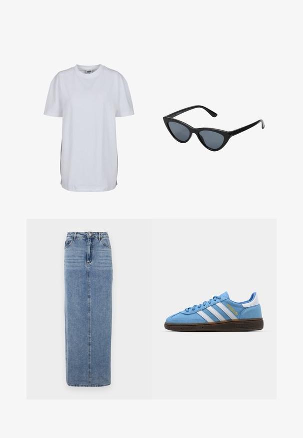 Bílý krátký rukáv bavlněného trička s kulatým výstřihem a volným střihem, bez viditelných vzorů nebo grafik.; Džínová maxi sukně v světle modré, s rovnou siluetou, pěti kapsami a viditelným šitím podél švů.; Světle modré semišové tenisky s bílými koženými pruhy, hnědou texturovanou podrážkou a zlatým logem. Nízký design s zaoblenou špičkou.; Černé sluneční brýle ve stylu "cat-eye" s tmavě šedými skly, elegantním plastovým rámečkem, špičatými rohy a rovnými stranami. Bez viditelného kování nebo ozdob.; Černá syntetická taška přes rameno s zakřivenou siluetou, strukturovaným povrchem, zlatým trojúhelníkovým logem a odnímatelnými kovovými akcenty.