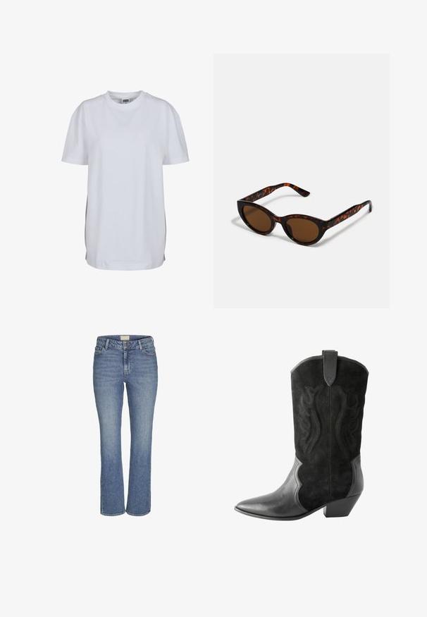 Camiseta de manga corta blanca de algodón, con cuello redondo y corte relajado, sin patrones ni gráficos visibles.; Vaqueros de mezclilla de pierna recta en azul medio, con cierre frontal de botón y cremallera, pasadores para cinturón y bolsillos delanteros y traseros.; Next Botines camperos - black; Gafas de sol de carey marrón con una forma vintage de ojo de gato y lentes marrones. Presentan brazos curvados con acentos rojos.; Bolso hobo negro hecho de un material suave similar al cuero, con un asa retorcida, que presenta una forma suave y redondeada y un cierre superior de cremallera.; Aretes de aro de oro con un acabado suave y brillante. Diseño circular que presenta un pequeño post y un respaldo transparente para un uso seguro.