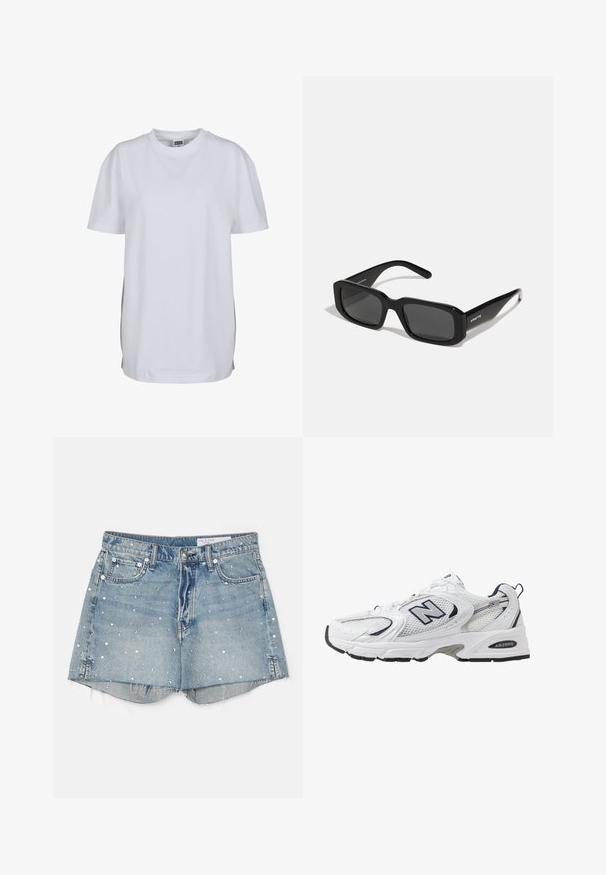 Bílý krátký rukáv bavlněného trička s kulatým výstřihem a volným střihem, bez viditelných vzorů nebo grafik.; rag & bone VINTAGE CUT OFF SHORT - Džínové kraťasy - solanajewe; Bílé sportovní boty s textilním svrškem, námořnickými akcenty a polstrovanou podrážkou. Obsahují logo "N", tkaničky a texturovaný detail na boku.; Arnette THEKIDD UNISEX - Sluneční brýle - black