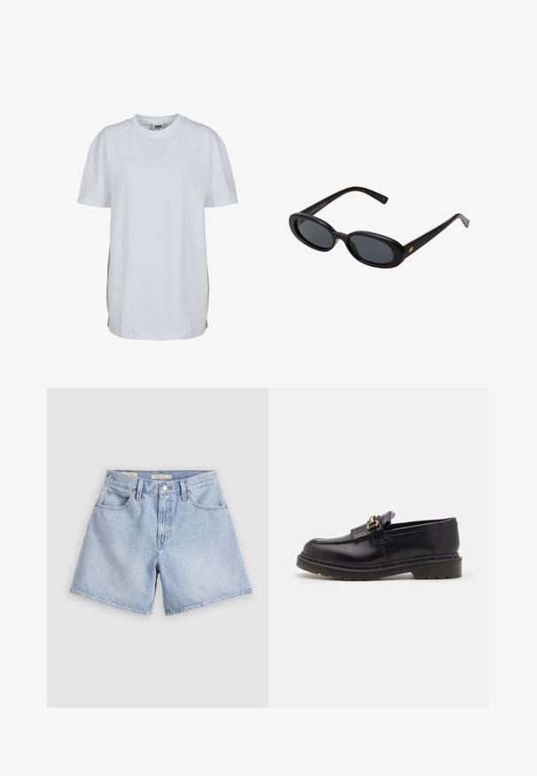 Witte korte mouwen t-shirt gemaakt van katoen, met een ronde hals en een ontspannen pasvorm, zonder zichtbare patronen of graphics.; Lichtblauwe denimshorts. Hoge taille met vier zakken, een knoopsluiting aan de voorkant en ruwe zoomranden. De stof lijkt zacht met een verweerde afwerking.; Zwarte leren instappers met een ronde neus, decoratieve franjes en gouden hardwareaccenten. Dikke rubberen zool voor extra grip en duurzaamheid.; Zwarte oversized zonnebril met ovale lenzen, een glad plastic montuur en gouden accenten op de pootjes. Donkere lenzen bieden bescherming tegen de zon.; Zwarte leren handtas met een ronde vorm, een enkele schouderband en een ritssluiting. Kenmerkt zich door geknoopte accenten op de band.