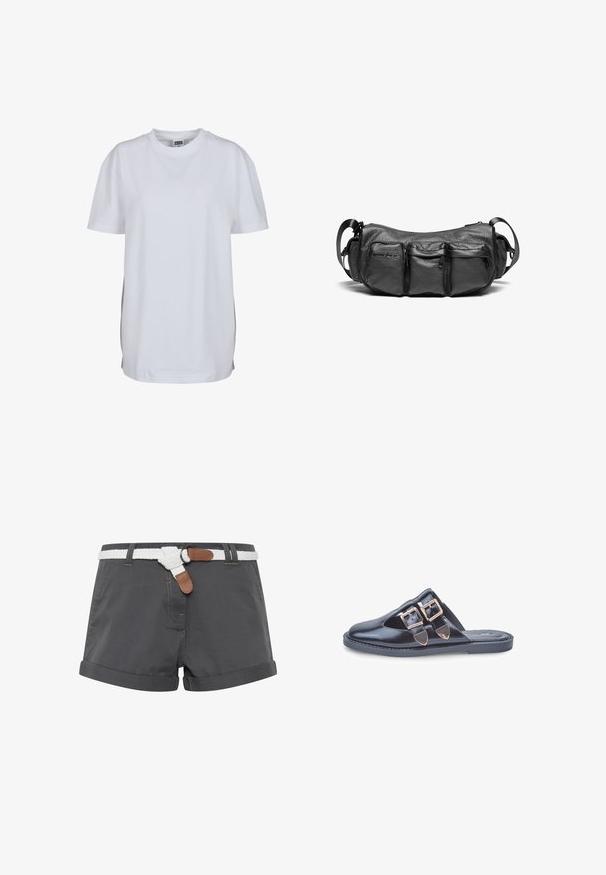 Tricou alb cu mânecă scurtă, fabricat din bumbac, cu guler rotund și o croială lejeră, fără modele sau grafice vizibile.; Shorts grii din bumbac cu margini răsucite, având un brâu împletit alb și accente din piele maro. Detalii de cusătură vizibile pe material.; Mule din piele neagră, cu vârf ascuțit și două curele cu catarame aurii pe partea superioară, talpă din cauciuc plat, fotografiat pe fundal alb.; Geantă de umăr din piele neagră cu un finisaj texturat. Dispune de trei buzunare exterioare și o curea ajustabilă. Formă compactă, rotundă.