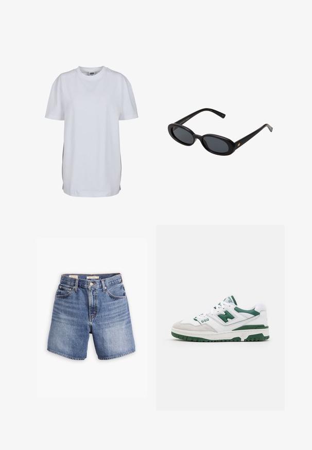 Valge lühikeste varrukatega T-särk, mis on valmistatud puuvillast, ümmarguse kaelusega ja mugava lõikega, ilma nähtavate mustrite või graafikateta.; Keskmisest sinist denimist lühikesed püksid klassikalise viie taskuga disainiga, nupuga sulgemine ja sirge jalg. Kerge kulumise tekstuur üle kogu pinna.; Valge sportlik jalanõud roheliste aktsentidega, tekstureeritud nahk ja samet, perforatsioonidega detailid, pehmendatud krae ja kummist tald. Mudelinumber 550.; Mustad mustad prillid ovaalsete läätsedega, sujuvast plastmassraamist ja kuldsete aktsentidega tempel. Tumedaid läätsi, mis pakuvad päikese kaitset.; Valge nahast käekott, millel on kokku tõmmatud käepide, esiotsas paeladetail ja lillemotiiv. Sile tekstuur ja ristkülikuline kuju.