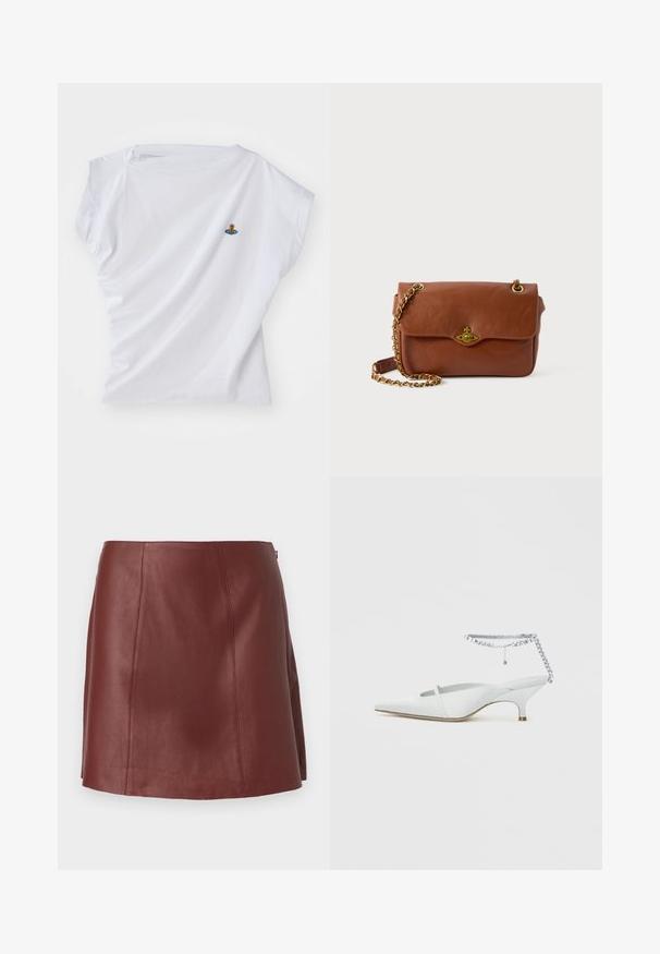 White short-sleeve t-shirt made of cotton, featuring a small embroidered design of a bear on a blue spaceship on the chest.; Maroon leather mini skirt with a clean design, featuring visible seam detailing and a straight cut, smooth texture, and no visible closures.; White pointed kitten heel mule with rhinestone ankle strap detail on a plain background.; Brown leather crossbody bag with a flap closure, gold hardware, and a chain strap. Smooth texture, rectangular shape, minimal detailing.