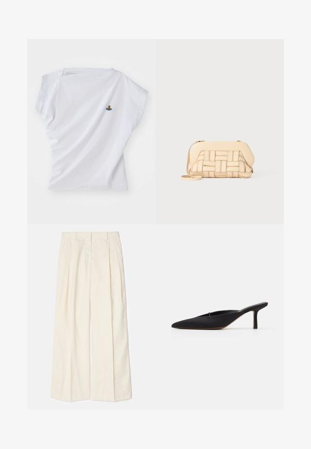Witte korte mouwen T-shirt van katoen, met een klein geborduurd ontwerp van een beer op een blauwe ruimteschip op de borst.; Ruime broek in een zacht, licht crème stof. Voorzien van plooien aan de voorkant, riemlussen en een gladde textuur. Gemaakt in een tailormade ontwerp met een nette afwerking.; Zwarte muiltje met spitse neus en een strak ontwerp, gemaakt van gladde stof, met een slanke hak en open achterkant voor gemakkelijk aan- en uittrekken.; Geweven beige handtas met een gestructureerd ontwerp, voorzien van een gladde bovenkant en een lange schouderband. Textuurdetails verbeteren het algehele uiterlijk.