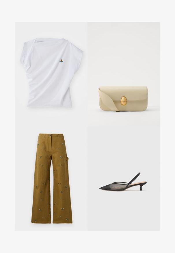Bijela kratkih rukava majica od pamuka, s malim izvezenim motivom medvjeda u plavom svemirskom brodu na prsima.; Široke hlače od maslinasto zelene tkanine s cvjetnim vezom. Imaju kopčanje na gumb i bočne džepove. Cjelokupni detalj sa struktuiranim šavovima.; NEOUS IRENA - Klasične cipele s visokom petom - black; Bež kožni ručni torbicu s glatkom teksturom, pravokutnim oblikom i zlatnim ovalnim kopčanjem. Ima dugu, podesivu naramenicu.