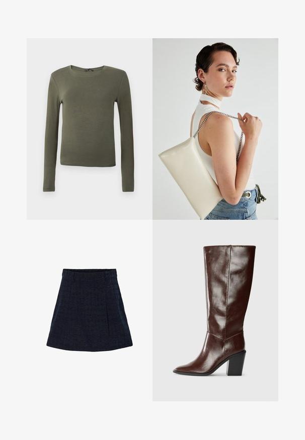 Langærmet olivengrønt top, lavet af glat stof, med en rund halsudskæring og en tætsiddende design uden mønstre eller detaljer.; Mørkeblå mini-nederdel i tekstureret stof med en tætsiddende livvidde, for-pleats og en lige silhuet. Ingen synlige hardware eller mønstre.; Høj, mørkebrun læderstøvle med spids tå og stablet blokhæl, vist fra siden på en ensfarvet baggrund.; Hvid rektangulær clutch-taske lavet af skinnende materiale, med en sølv kædetransport. Modellen poser, mens hun fremviser tasken mod en ensfarvet baggrund.