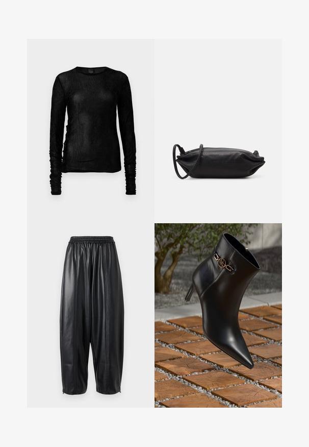 Juodas ilgas rankovės viršus pagamintas iš lengvos, tekstūruotos medžiagos su susiraukšlėjimais palei rankoves ir šonines siūles. Apvalus iškirptė.; Juodos odinės kelnės su laisvu siluetu, su elastingu juosmeniu ir siaurėjančiais rankogaliais. Lygus paviršius su siuvinėjimais.; Juodas odinis kulkšninis botas su smailiu nosiu ir mažu kulnu. Pabrėžtas auksinės grandinėlės akcentas ant kulkšnies. Aplinkui – tekstūruotas akmeninis paviršius.; Juodas odinis vakarėlių krepšys, stačiakampio formos, lygiu paviršiumi, plonu peties dirželiu ir minimalistiniu dizainu.