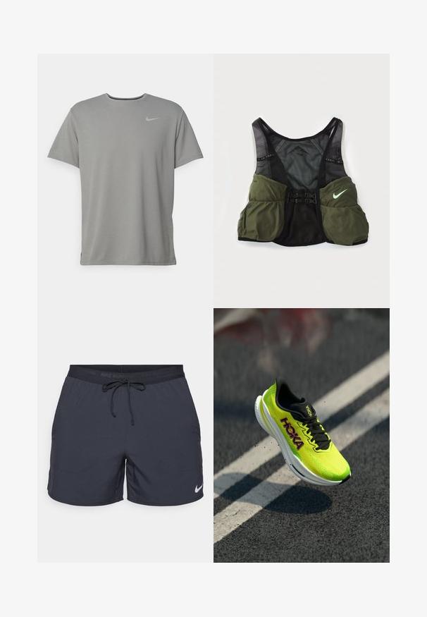 Hallide Nike t-särk lühikeste varrukatega, ümar kaelus ja väike hõbedane logo vasakul rinnal. Valmistatud pehmest ja kergest kangast.; Nike jooksutrikoosid, tumhalli värvi, elastne vöökoht koos kärguga, küljetaskud, kerge kangas, mille alumisel serval on valge Nike logo.; Hoka jooksujalanõud ereda neoonkollase võrkmaterjaliga pealmise osaga, mustade aktsentidega ja valge vaheosaga, millel on voolujooneline disain ja tekstuurne pind.; Nike matkarunningu vest must ja oliivrohelises värvitoonis. Omab võrkmaterjali, reguleeritavaid rihmasid ja mitmeid salvestustaskuid esiküljel.