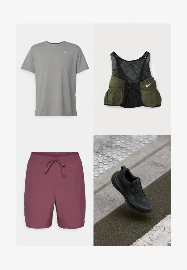 Sivá pánska tričko Nike s krátkymi rukávmi, okrúhlym výstrihom a malým strieborným logom na ľavej hrudi. Vyrobené z jemnej, ľahkej tkaniny.; Bordové plavky vyrobené z ľahkého materiálu, s elastickým pásom a šnúrkou na stiahnutie. Malá logo nášivka na spodnej strane.; Čierna športová obuv s hladkým textilným zvrškom, štruktúrovanou podrážkou a reflexnými akcentmi. Má okrúhlu špičku a šnurovací dizajn.; Bežecká vesta Nike v čiernej a olivovo zelenej farbe. Obsahuje sieťovinový materiál, nastaviteľné popruhy a viacero úložných vreciek na prednej strane.