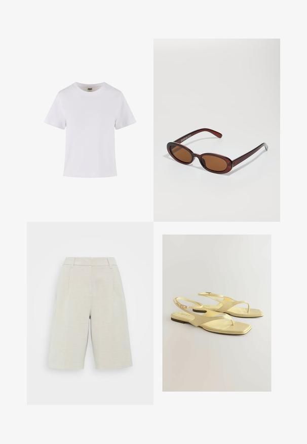 Hvid bomulds t-shirt med korte ærmer, rund halsudskæring og lige snit. Glat tekstur, enkelt design, ingen synlige mønstre eller dekorationer.; Lysegul, knappet skjorte lavet af blødt stof. Har en klassisk krave, opkrøllede ærmer og en afslappet pasform med en buet kant.; Beige linned skort med et skræddersyet design, der har flad front, to sidelommer og en knælængde.; Gule flade sandaler med en struktureret kunstlæderoverdel, tåpostdesign og ankelstrop med en lille spænde. Firkanthælt form, minimalistisk stil.; Runde, bruntonede solbriller med en glansfuld bordeauxramme. Slanke arme med diskret brandingdetalje. Flad linsedesign.
