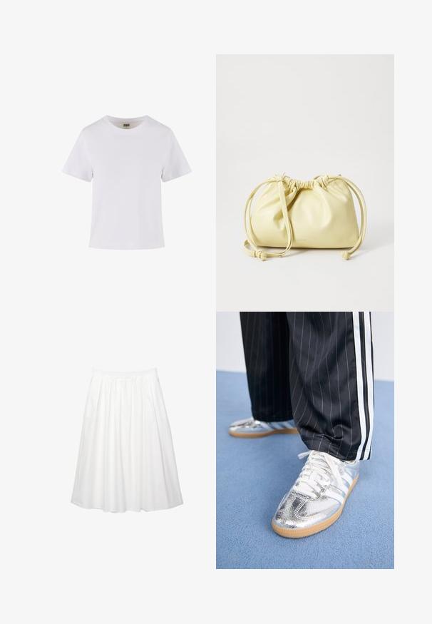Fehér pamut póló, rövid ujjakkal, kerek nyakkivágással és egyenes szabással. Simább textúra, egyszerű design, látható minták vagy díszítések nélkül.; Fehér, térd középig érő szoknya, ráncos kialakítással. A könnyű viselet érdekében rugalmas derékrésszel készült. Könnyű pamut anyagból készült.; Fémes ezüst színű sneaker cipők fehér fűzőkkel és három fehér csíkkal, fekete csíkozott nadrággal párosítva. Az alján gumi talp kiemelés.; Sárga bőr táska, gyűrt dizájnnal, állítható zsinórral zárható, és egy hosszú pánttal. Minimális márkajelzés az alján.