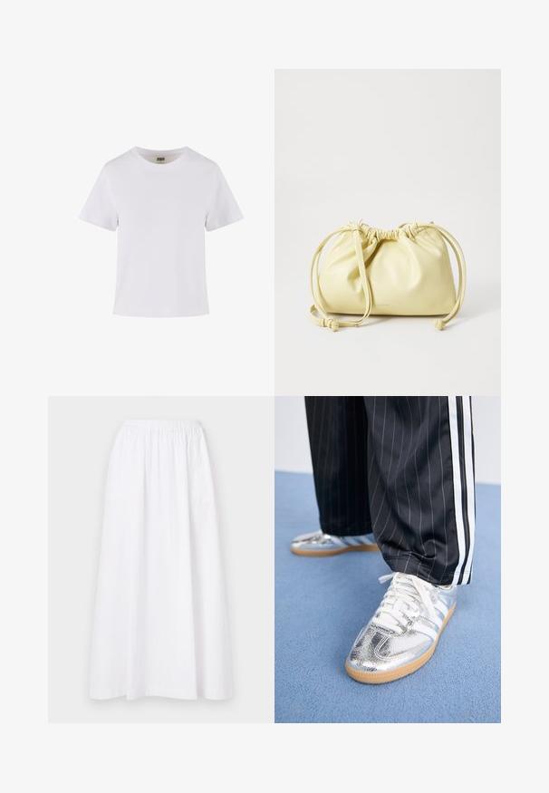 White cotton t-shirt with short sleeves, a crew neckline, and a straight cut. Smooth texture, simple design, no visible patterns or accents.; White, knee-length skirt with an elastic waistband, featuring a simple design and lightweight fabric, exhibiting a smooth, plain texture.; Metallic silver sneakers with white laces and three white stripes, paired with black pinstriped pants. Gum sole accent at the bottom.; Yellow leather bag with a gathered design, adjustable drawstring closure, and a single long strap. Minimal branding at the base.
