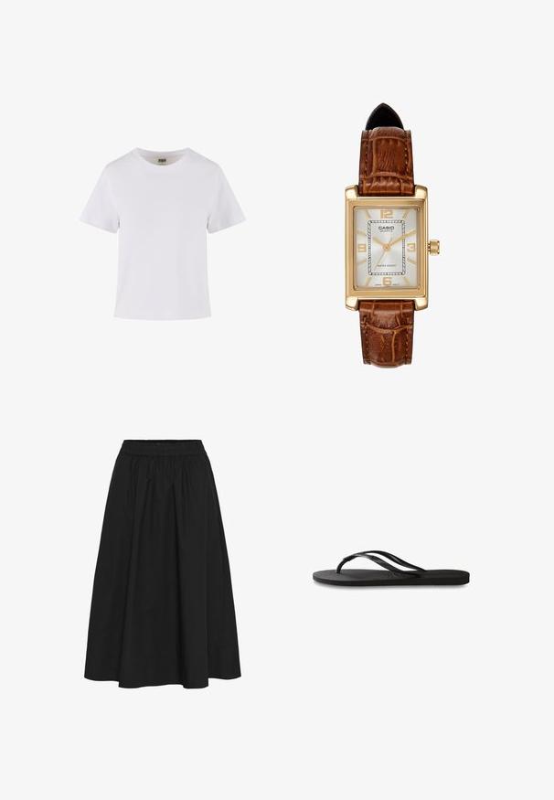 Biela bavlnená tričko s krátkymi rukávmi, okrúhlym výstrihom a rovný strih. Hladká textúra, jednoduchý dizajn, bez viditeľných vzorov alebo akcentov.; Čierna sukňa po kolená z bavlny, s elastickým pásom, zhromaždenou textúrou a hladkým povrchom bez viditeľných vzorov.; Čierne žabky s textúrovanou gumovou podrážkou, dvoma štíhlymi popruhmi a diskrétnym embosovaným logom na popruhu.; Casio quartz hodinky s obdĺžnikovým zlatým puzdrom, bielym ciferníkom, zlatými hodinovými značkami a hnedým koženým remienkom s krokodílim vzorom. Vodotesné.