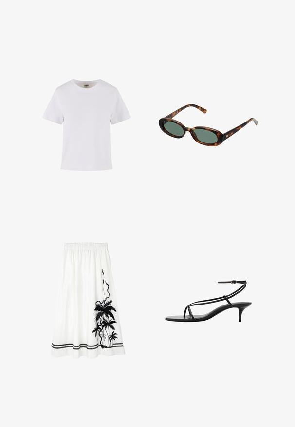 Witte katoenen t-shirt met korte mouwen, een ronde halslijn en een rechte snit. Gladde textuur, eenvoudig ontwerp, geen zichtbare patronen of accenten.; Witte rok met zwarte botanische borduursels van palmbladeren, een gestructureerde tailleband en een decoratief zwart touwpatroon langs de zoom.; Zwarte hoge sandaaltjes met slanke banden, een minimalistisch ontwerp, een spitse neus en een kleine stilettohak. Soepele leren textuur.; schildpadbril met ovale monturen en groene lenzen. Heeft dunne spijlen met een metalen accent nabij de scharnieren.