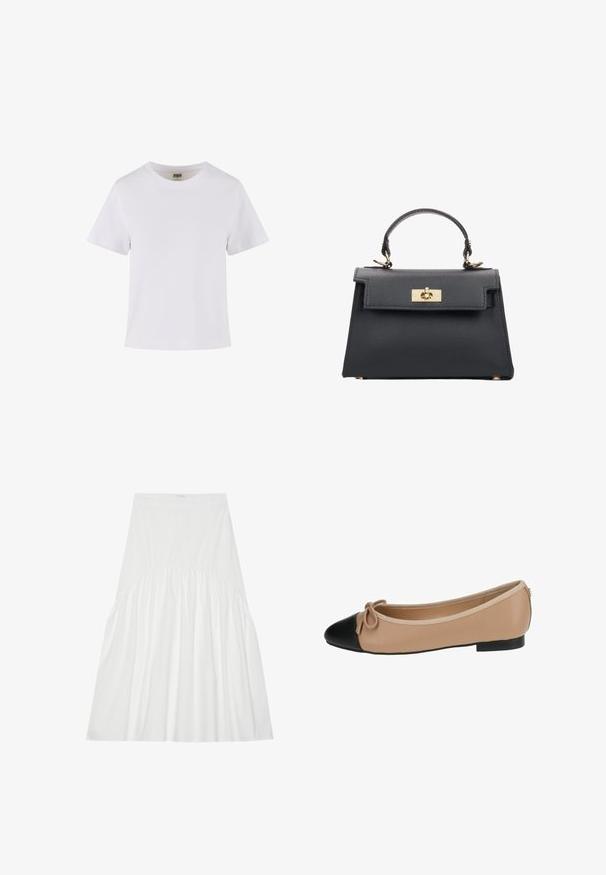 Witte katoenen t-shirt met korte mouwen, een ronde halslijn en een rechte snit. Gladde textuur, eenvoudig ontwerp, geen zichtbare patronen of accenten.; Witte, knie-lange rok van katoen. Heeft eenGathered detail bij de taille, een gladde textuur en een eenvoudige, klassieke A-lijn silhouet.; Ballett balletflat van beige leer met een zwarte punt. Heeft een strikdetail aan de voorkant en een gladde textuur. Laag profiel ontwerp met een rubberen zool.; ESTRO WŁOSKIEJ - Handtas - black