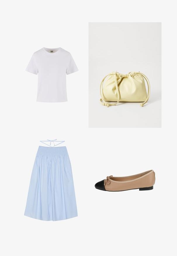 Bijela pamučna majica kratkih rukava, s okruglim izrezom i ravnim krojem. Glatka tekstura, jednostavan dizajn, bez vidljivih uzoraka ili detalja.; Svijetloplava pamučna suknja s nabranim strukom, prozračnom siluetom, širokim plisiranim detaljima i tankim vezicama straga za prilagodljivu veličinu.; Baletna cipela u bež koži s crnim vrhom. Ima detalj s mašnom sprijeda i glatku teksturu. Nizak profil s gumenim potplatom.; Žuta kožna torba s naboranim dizajnom, podešavanjem pomoću vezice i jednim dugim remenom. Minimalno brendiranje na dnu.