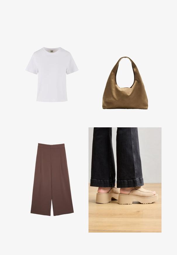Witte katoenen t-shirt met korte mouwen, een ronde halslijn en een rechte snit. Gladde textuur, eenvoudig ontwerp, geen zichtbare patronen of accenten.; Bruine wijde broek met een gladde textuur, voorzien van een hoge taille en plooien aan de voorkant. De stof is lichtgewicht en valt losjes.; Beige plateau sandaaltjes met een soepele suède bovenkant, open teen ontwerp, dikke zool en subtiele branding, gecombineerd met donkere flared jeans.; Bruine stoffen schoudertas met een brede, ronde vorm en een grote uitsnede handvat. Zachte textuur, minimalistisch ontwerp en geen zichtbare hardware.