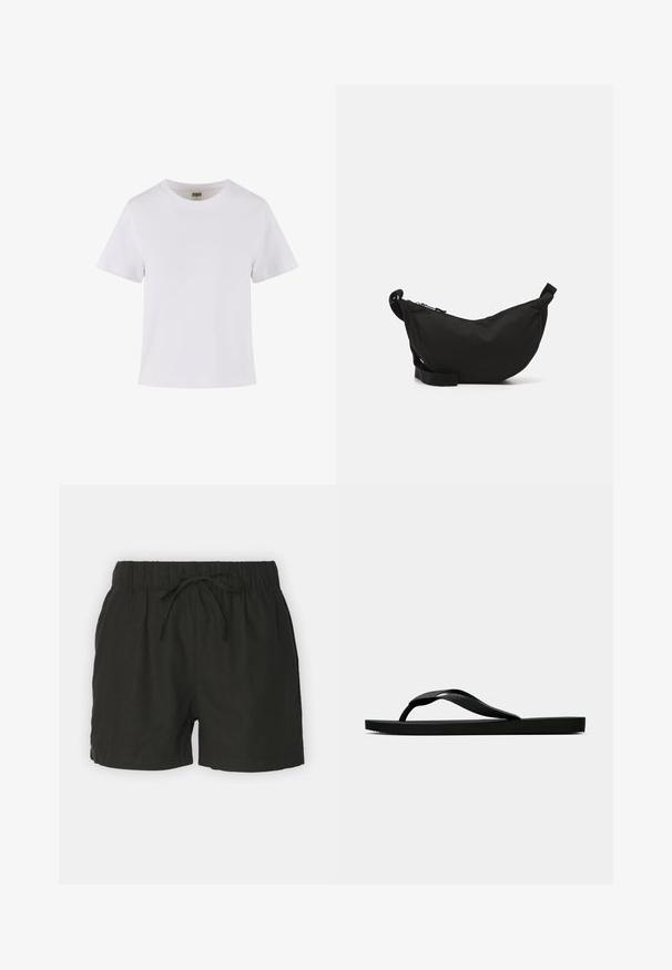 T-shirt en coton blanc à manches courtes, avec un col rond et une coupe droite. Texture lisse, design simple, sans motifs ni accents visibles.; Shorts en lin noirs avec une taille élastique et un cordon de serrage réglable. Ils présentent un design simple et une texture respirante.; Tong sandale en caoutchouc noir avec une bride en T texturée et une semelle plate simple, montrée de côté sur un fond clair.; Sac bandoulière en tissu noir avec une forme incurvée, fermeture à zip, sangle réglable et une petite poche latérale pour un rangement supplémentaire.