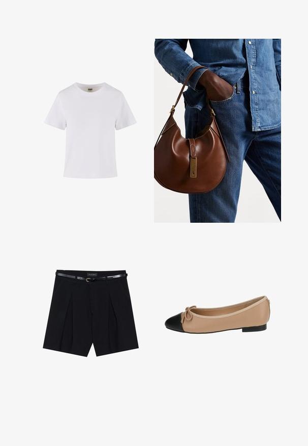 Tricou alb din bumbac, cu mâneci scurte, guler rotund și croi drept. Textură netedă, design simplu, fără modele sau accente vizibile.; Bermude negre, ajustate, cu pliuri, prezentând o curea subțire neagră cu o cataramă aurie. Fabricate dintr-un material neted, oferind un aspect elegant.; Balerini din piele bej cu vârf negru. Prezentând un detaliu de fundiță în față și o textură netedă. Design de profil jos cu o talpă din cauciuc.; Geantă hobo din piele maro, cu o formă rotunjită, având un accent din hardware aurie și cusături în contrast. Asortată cu o cămașă din denim și blugi.