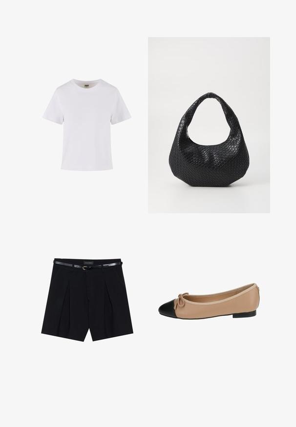 Bílý bavlněný tričko s krátkými rukávy, kulatým výstřihem a rovný střih. Hladká textura, jednoduchý design, bez viditelných vzorů nebo akcentů.; Černé tailored šortky se sklady, vybavené úzkým černým opaskem se zlatou sponou. Vyrobené z hladké tkaniny, poskytující lesklý vzhled.; Béžové baleríny z kůže s černým špičkovým dílem. Obsahují detail mašle na přední straně a hladký povrch. Nízký profil s gumovou podrážkou.; Černá tkaná kabelka s křivým uchem, vybavena texturovaným povrchem a uvolněným tvarem. Hladký povrch s organickou siluetou.