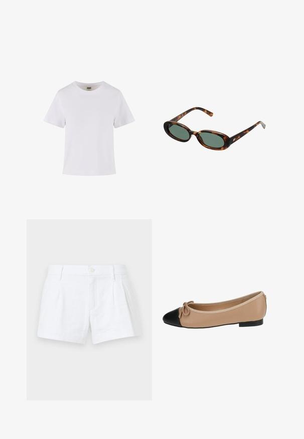 White cotton t-shirt with short sleeves, a crew neckline, and a straight cut. Smooth texture, simple design, no visible patterns or accents.; White linen shorts with pleats, a button closure, and side pockets. Features a tailored cut and smooth texture.; Ballet flat in beige leather with a black cap toe. Features a front bow detail and a smooth texture. Low profile design with a rubber sole.; Tortoiseshell sunglasses with oval frames and green lenses. Features thin arms with a metallic accent near the hinges.