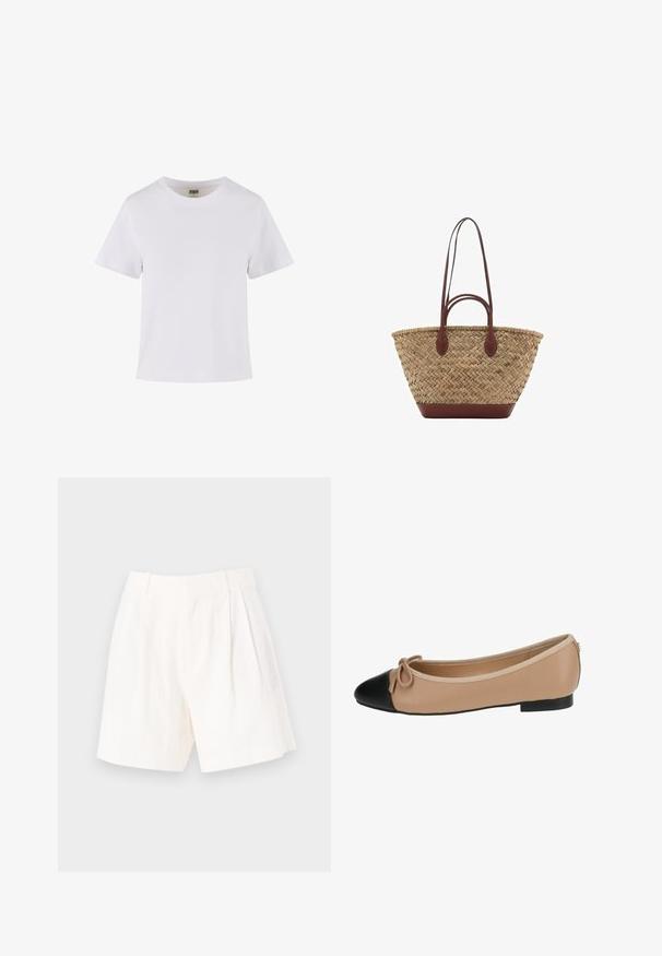 Hvid bomulds t-shirt med korte ærmer, rund halsudskæring og lige snit. Glat tekstur, enkelt design, ingen synlige mønstre eller dekorationer.; Hvide linnedshorts med en skræddersyet pasform, der har lægdetaljer, en glat tekstur og en ren, lige kant.; Ballet flade i beige læder med spids sort tå. Har en frontsløjfe detalje og en glat tekstur. Lav profil design med en gummisål.; Vævet strå tote taske med flettet tekstur, mørkebrune læderhåndtag og bund, bred cirkulær form og åben topdesign.
