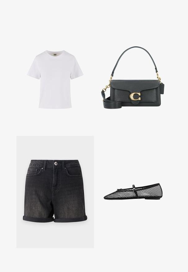 White cotton t-shirt with short sleeves, a crew neckline, and a straight cut. Smooth texture, simple design, no visible patterns or accents.; Black denim shorts featuring a rolled hem, five-pocket design, and front button closure. The fabric has a slightly faded finish.; Black mesh ballet flat with pointed toe, decorative strap, and subtle accent. Features an open-net design and flat sole.; Black leather handbag with a gold hardware accent, featuring a signature clasp, a detachable shoulder strap, and textured surface.