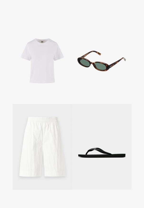 Tricou alb din bumbac, cu mâneci scurte, guler rotund și croi drept. Textură netedă, design simplu, fără modele sau accente vizibile.; Shorts albe, de lungime medie, fabricate dintr-un material ușor, cu un elastic în talie și o textură ușor hrănită. Fără modele sau accente vizibile.; Sandala flip-flop din cauciuc negru, cu un bretele texturat și o talpă simplă și plată, prezentată din lateral pe un fundal simplu și deschis.; Ochelari de soare cu ramă din scoică de broască țestoasă și lentile verzi. Au brațe subțiri cu un accent metalic aproape de balamale.
