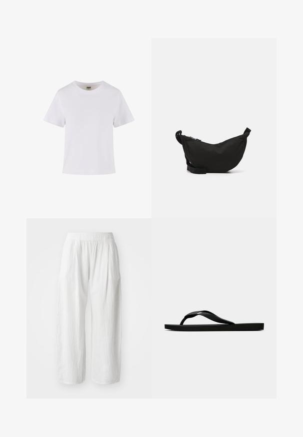 Bílý bavlněný tričko s krátkými rukávy, kulatým výstřihem a rovný střih. Hladká textura, jednoduchý design, bez viditelných vzorů nebo akcentů.; Bílé, lehké kalhoty s širokými nohavicemi a texturovaným vzhledem, s elastickým pasem pro pohodlí. Bez viditelných kapes nebo zapínání.; Černé gumové žabky s texturovaným páskem a jednoduchou plochou podrážkou, zobrazené z boku na světlém pozadí.; Černá látková kabelka přes rameno s prohnutým tvarem, zipovým uzávěrem, nastavitelným popruhem a malou boční kapsou pro dodatečné úložiště.