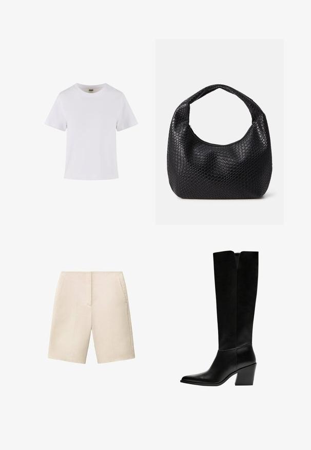 Valkoinen puuvillainen t-paita, jossa on lyhyet hihat, pyöreä kaula-aukko ja suora leikkaus. Tasainen pinta, yksinkertainen muotoilu, ei näkyviä kuvioita tai koristeita.; Beige pellavashortsit, joissa on littee etuosa, kaksi sivutaskua ja polvenpituinen leikkaus. Materiaali on sileä ja muotoilu on viistetty.; Mustat polvimittaiset saappaat, jotka on valmistettu sileästä nahasta. Saappaissa on terävä kärki, tukevat korko ja V-muotoinen leikkaus ylhäällä.; Mustakankainen kudottu käsilaukku, jolla on pyöreä muoto, yksinkertainen kahva ja vetoketjukiinnitys. Valmistettu teksturoidusta materiaalista, jossa on monimutkainen kuvio.