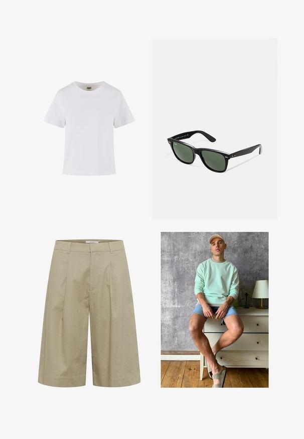 Bela bombažna majica s kratkimi rokavi, okroglo izrezana in ravno krojena. Gladka tekstura, preprost dizajn, brez vidnih vzorcev ali dodatkov.; Bež žakardne culottes hlače s širokimi hlačnicami, ki imajo sprednje gube in gladko teksturo. Pas je raven brez vidnih zapiranj.; Menta zelena majica, jeans kratke hlače in olivno zelene natikače. Sedi na svetlem predalu ob teksturirani sivi steni.; Črne plastične sončna očala z zelenimi lečami, kvadratni okvirji, srebrni detajl na obrvi in teksturirani ročaji. Blagovna znamka navedena na notranji strani ročaja.