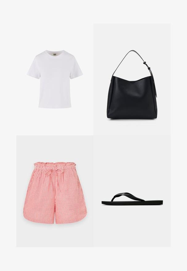 Hvit bomulls t-skjorte med korte ermer, rund hals og rett snitt. Glatt tekstur, enkelt design, ingen synlige mønstre eller detaljer.; Røde og hvite stripete shorts med elastisk midje og snor. Har en avslappet passform og en jevn tekstur.; Svarte gummiflip-flopsandaler med en teksturert stropp og enkel flat såle, vist fra siden på en enkel lys bakgrunn.; Svarte skinn hobo-veske med en enkelt skulderreim, glatt tekstur, avsmalnet topp og minimalistisk design uten synlig maskinvare.